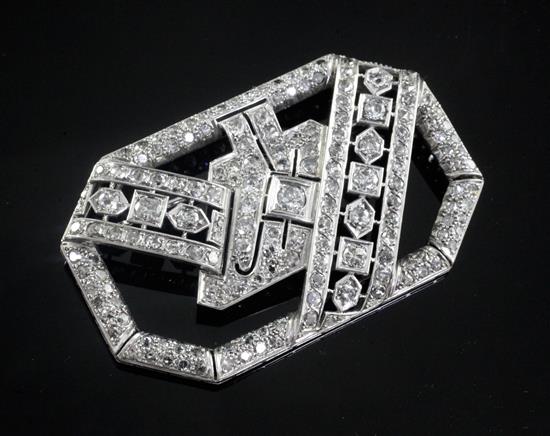 An Art Deco style? platinum and diamond set octagonal brooch, 57mm.